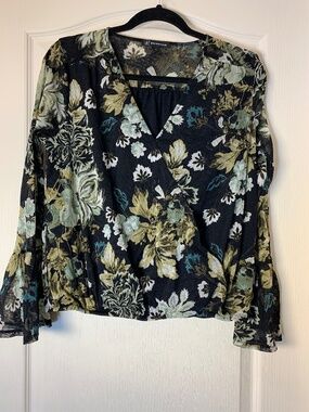 INC International Concepts Floral Sheer Wrap Blouse Bell Sleeves Size M